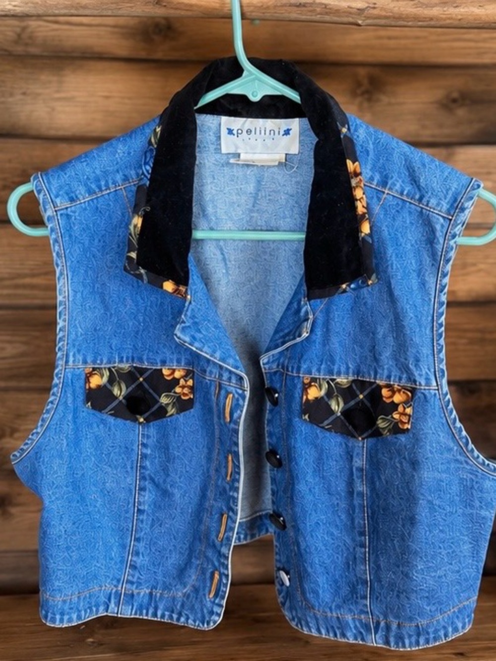 Women's Blue Denim Vest with Floral Accents by LINI